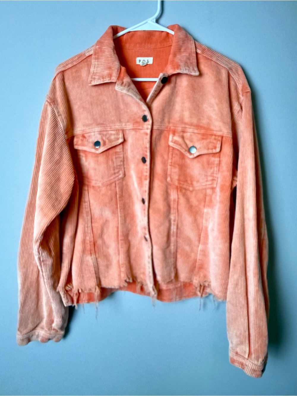 POL women’s Corduroy Crop Jean Jacket in Peach